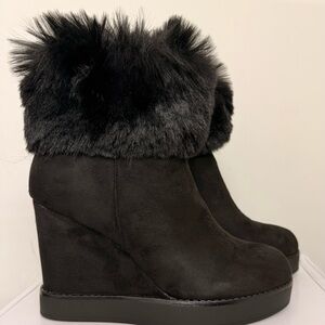 NWT BAMBOO Black Faux Fur Wedge Boots